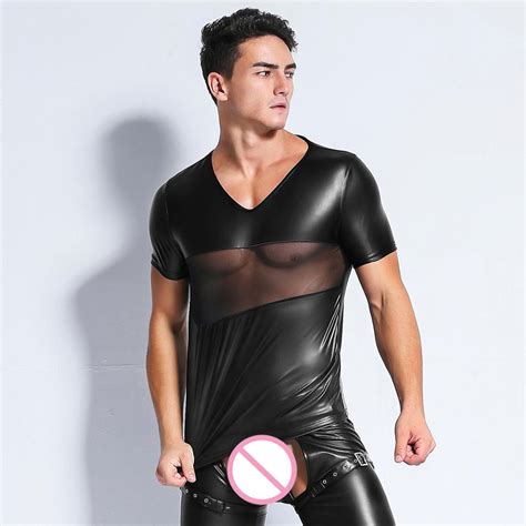buy sexy men patchwork gothic mesh pu faux leather t shirt punk v neck shiny t