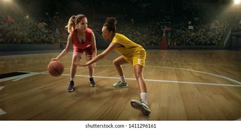 Female Basketball Players Fight Ball Basketball Stock Photo 1411296155