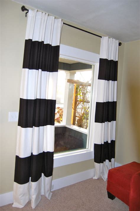 Black And White Horizontal Striped Curtains Wooden Cabinets Vintage