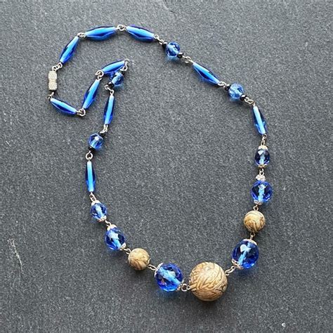 Art Deco Blue Glass Necklace Vintage Blue Glass Neck Gem