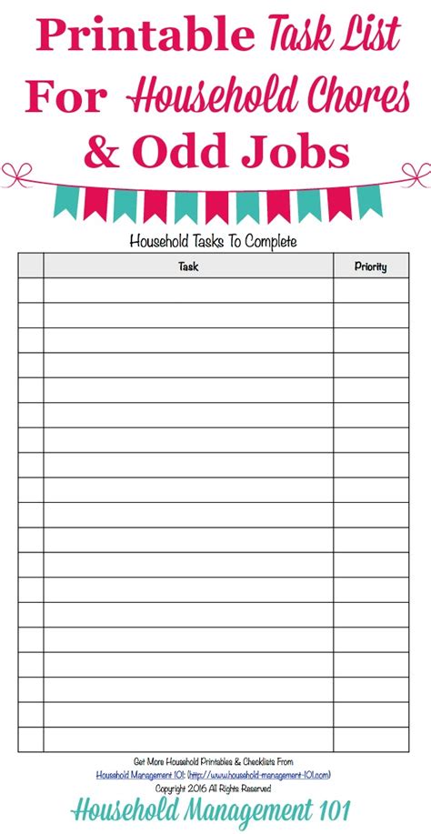 Printable Task List Template Master List Of Household Chores And Odd Jobs