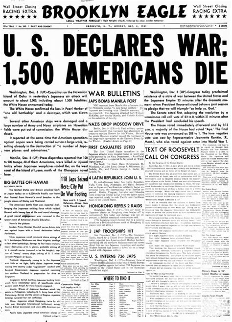 December 8 On This Day In 1941 Us Declares War 1500 Americans Die