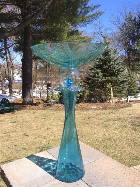 Pin By Tambrey The Repurposer On Glass Birdbaths Glass Garden Art Bird Bath Glass Bird Bath