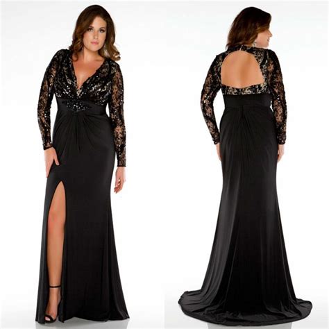 Custom Made Black Mother Of The Bride Dresses V Neck Lace Top Long Sleeve Plus Size Evening