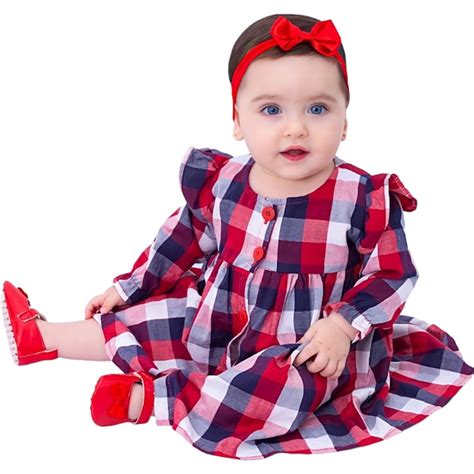 Vestido De Bebê Menina Xadrez Vermelho Manga Longa 2 A 18 Meses Com Tiara 100 Algodão Mundo