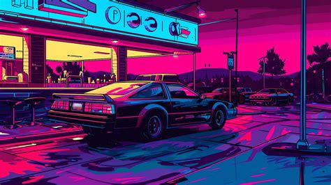 Retro Neon Diner and Classic Car 4K Wallpaper - Vintage Vibes - Heroscreen