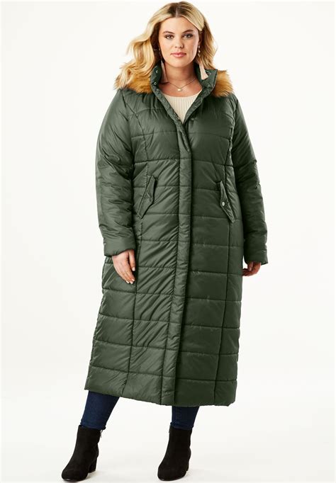 Quilted Faux Fur Trim Maxi Length Parka Deep Olive Winter Coats