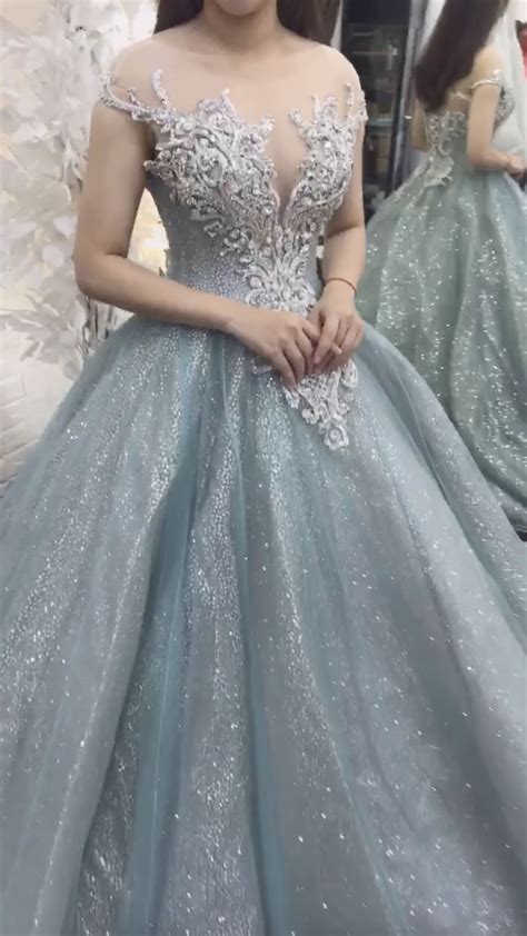 Aqua Blue Or Pink Beaded Sparkle Ball Gown Wedding Dress With Chapel