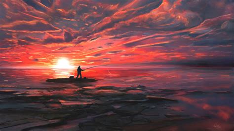 Free Sunset Art Fishing Fisherman Sea Wallpaper