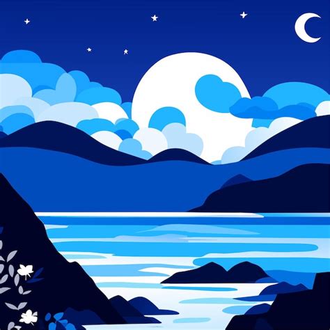 Premium Vector Sea Landscape With Moon And Stars In Sky At Night