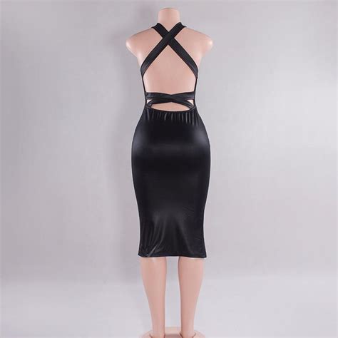Womens Sexy Faux Leather Bodycon Dress 2018 Summer Ladies Backless Black Bandage Vestidos Side
