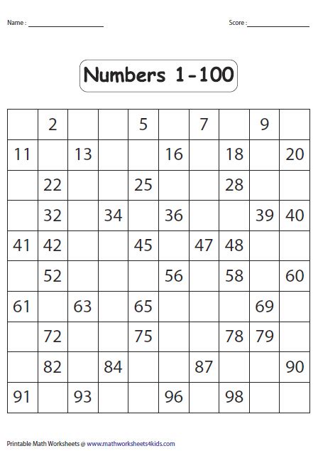 100s Chart Missing Numbers Printable