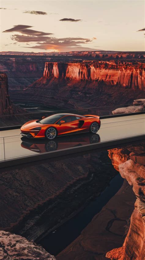 Orange Sports Car At Sunset Luxury Car Overlooking Canyon Sleek
