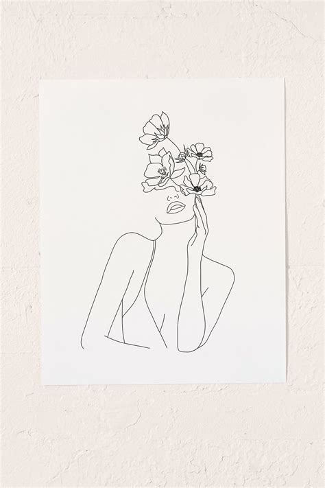 Nadja Line Art Woman With Flowers Art Print Art Prints Line Art