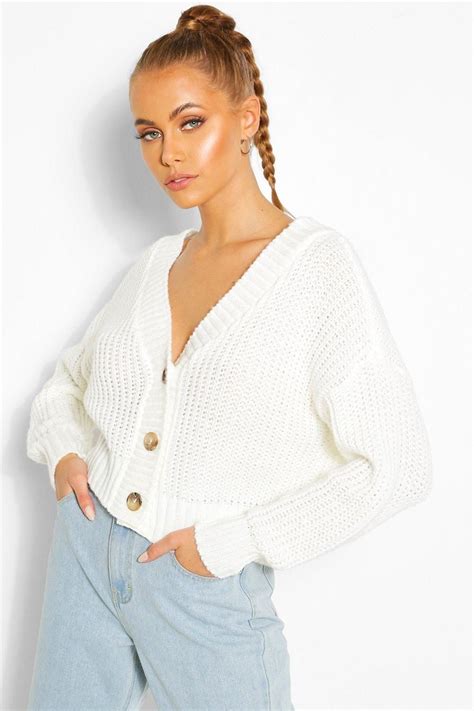 Chunky Knit Cropped Cardigan Cropped Cardigan White Knit Cardigan Sweater Fashion