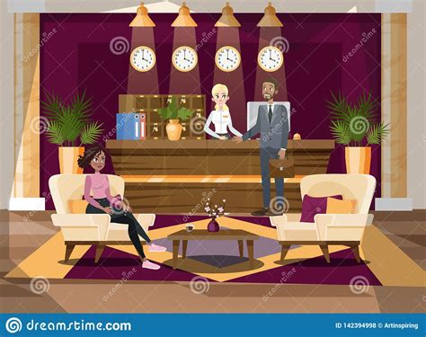 People At The Hotel Reception Interior Room Reservation Stock Vector