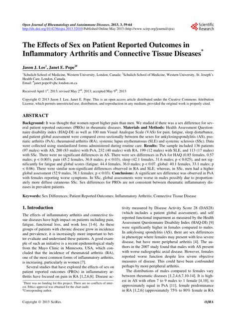 Pdf The Effects Of Sex On Patient Reported Outcomes In Inflammatory Arthritis And Connective