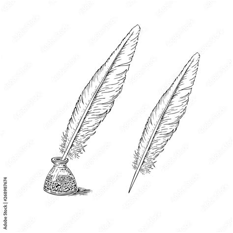 A Simple Quill Pen And Inkwell Sketch Vector Image Hand Drawn In
