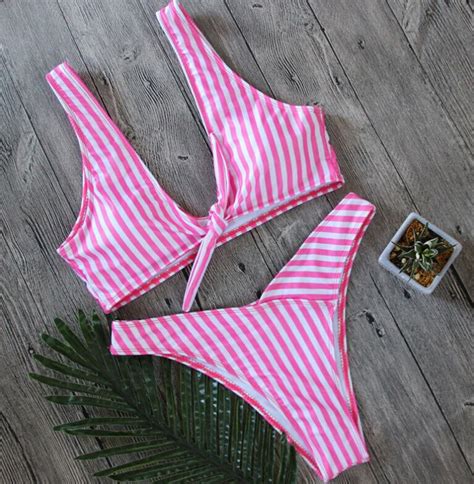 Brazilian Women Push Up Bandage Triangle Bikini Set Swimsuit Swimwear Sexy Stripe Monokini Lace