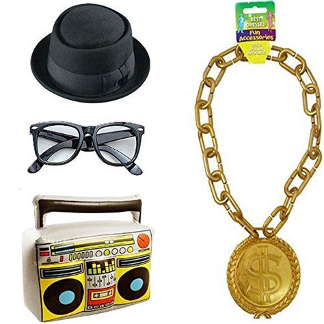 Run Dmc 80s Hip Hop Costume Kit Inc Hat Glasses Gold Chain And
