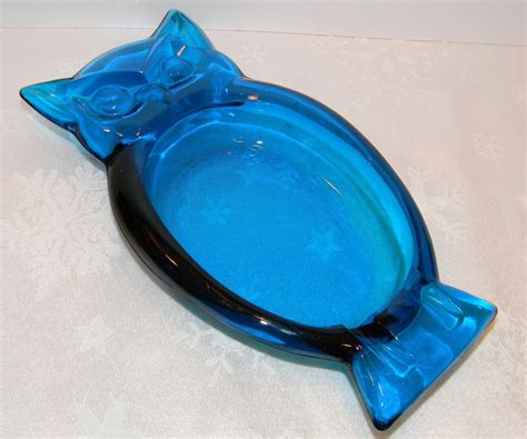 Vintageous Blue Owl Viking Art Glass Ashtray 60s 70s