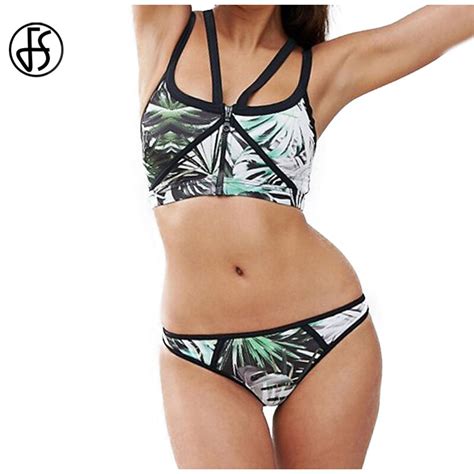 FS Green Leaf Print Swimsuit Zipper Bikinis Set Women Halter Padded