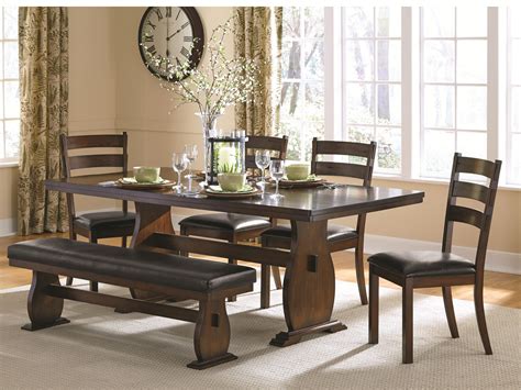 Each contrasting board has a consistent dimensional… Campbell Trestle Table with 4 Side Chairs and Dining Bench ...