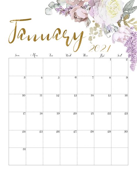 Floral January 2021 Calendar Printable Cute Desings