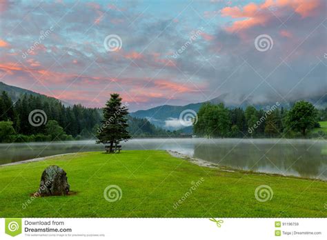 Summer Fresh Sunrise On Lake With Colorful Clouds Stock Image Image