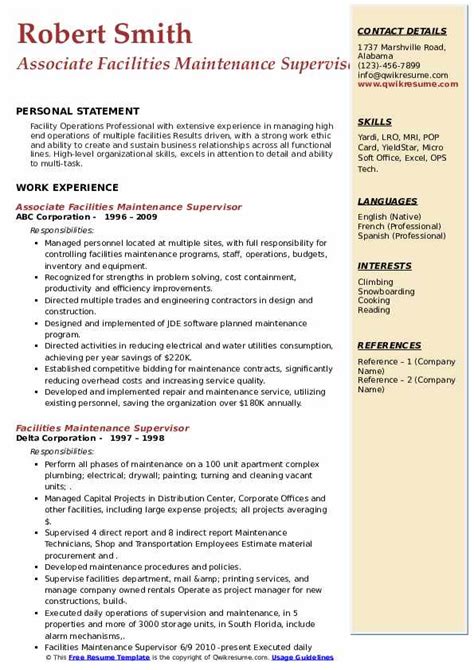 The following maintenance supervisor resume samples and examples will help you write a resume that best highlights your experience and qualifications. Facilities Maintenance Supervisor Resume Samples | QwikResume
