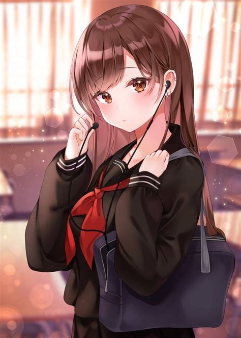 Her brown and graceful hair is layered and goes all the way down to the hips of hers. Wallpaper Brown Hair, Anime School Girl, Earphones, School ...