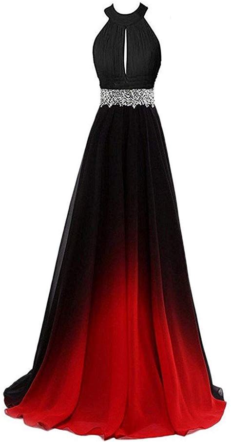 Womens Halter Gradient Chiffon Long Prom Dress Ombre Beads Evening Dresses Size 10 Red And Black