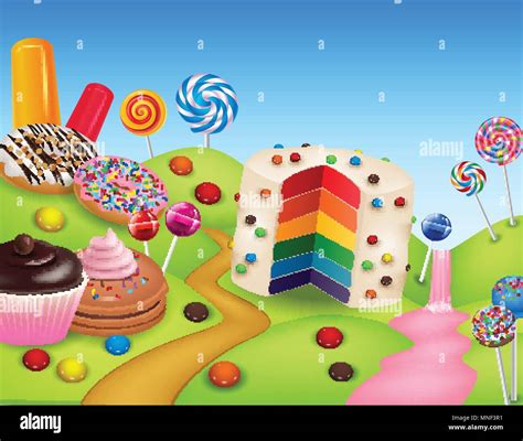 Fantasy Candy Land With Rainbow Cake Stock Vector Image And Art Alamy