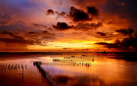 Sunset Sea Columns Rows Clouds Ocean Lakes Reflection Sky