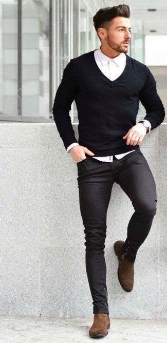 Mens Black V Neck Sweater White Dress Shirt Black Skinny Jeans