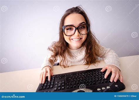 The Funny Nerd Girl Working On Computer Stock Image Image Of Cyber