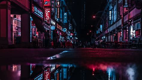 Download Wallpaper 1366x768 Night City Street City Lights Reflection