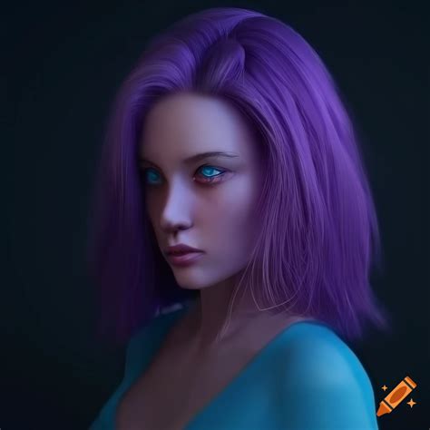 Portrait Of A Purple Haired Woman With Blue Eyes