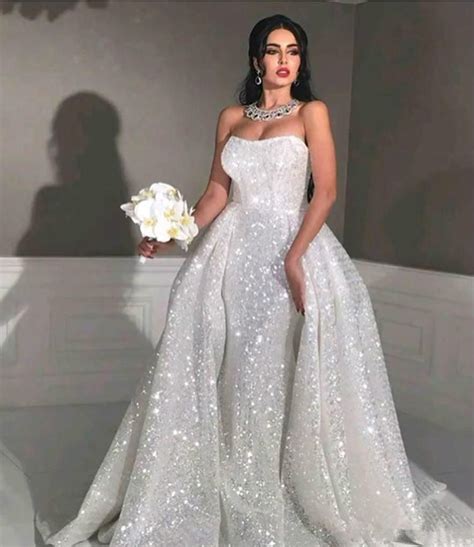 Glitter Mermaid Style Arabic Wedding Dresses With Detachable Train Strapless Sweetheart Full