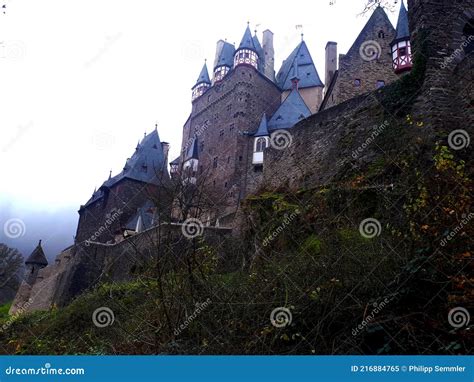 Burg Eltz Germany Front View On A Foggy Day In Autumn Editorial Photo