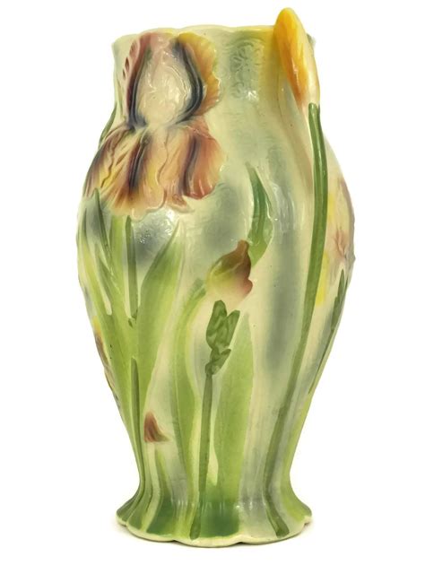 French Majolica Vase With Art Nouveau Iris Flower Decor St Clement