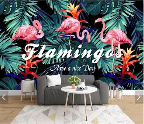3d Flamingos Tropical Palm Leaves Wall Mural Wallpaper
