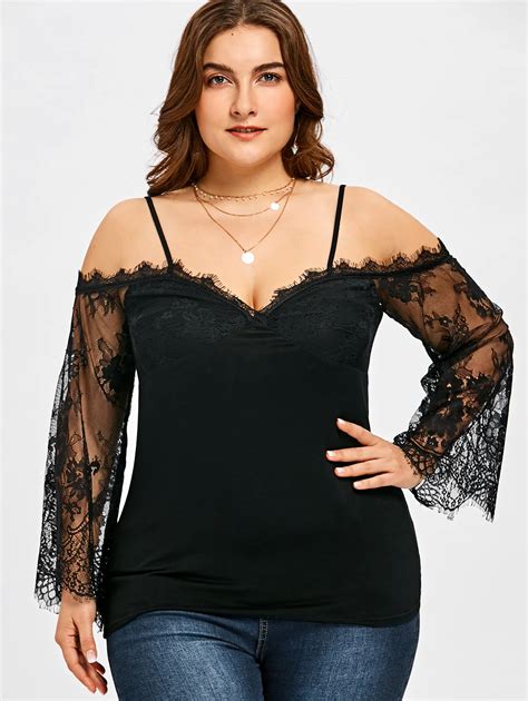 wipalo women sexy off the shoulder tops plus size 5xl sheer bell sleeve lace panel blouses women
