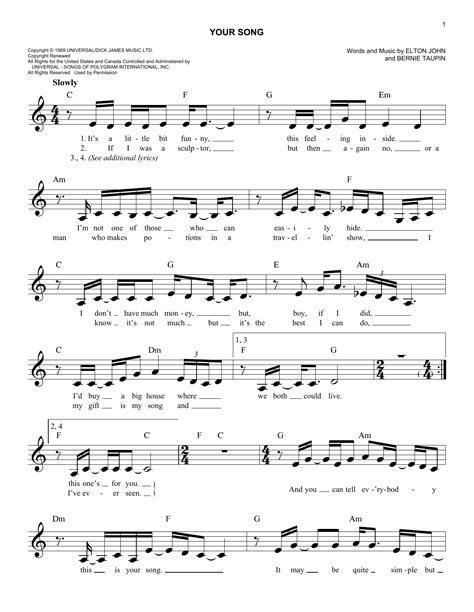 Your Song By Elton John Lead Sheet Fake Book Digital Sheet Music