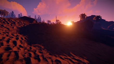 Rust Game Video Games Sand Sun Rays Horizon Palm Trees