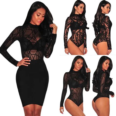 Women Long Sleeve Sheer Mesh Turtleneck Lace Hollow Out Bodysuits Sexy Perspective Bodysuit In