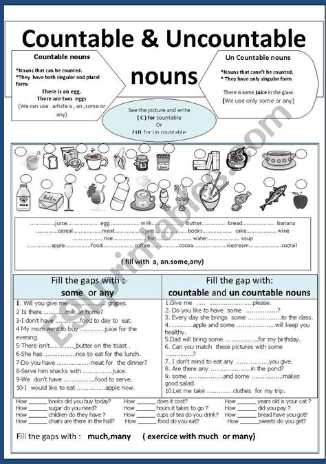 English Worksheets Countable And Uncountable Nouns