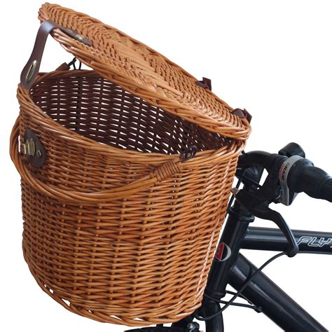 Wicker Bicycle Front Picnic Basket With Lid And Carry Handle Shopping
