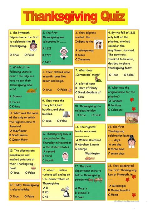 You can play this game at any party that is comprising of adults, be it a birthday party, a housewarming party, a baby shower party and obviously this is a perfect game for a wine tasting party. Thanksgiving Quiz worksheet - Free ESL printable worksheets made by teachers