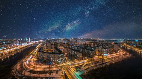 The Starry Sky Above Night City Time Lapse Stock Footage Sbv 334289736